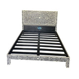 A Handmade Bone Inlay Bed & Headboard Furniture by matrixglobalmarket is shown. The headboard features a detailed design, and the slatted base has an empty black space for the mattress. The letters "MG" are visible in the center of the bed's headboard.