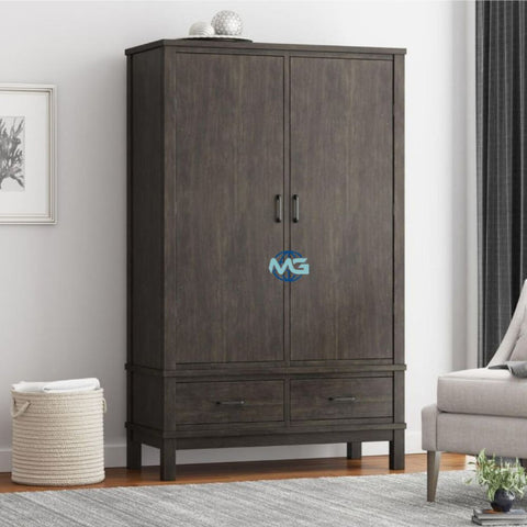 Handmade El Dorado Mahogany Wood Gray Wardrobe Almirah with 2 Drawers Furniture