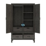 Handmade El Dorado Mahogany Wood Gray Wardrobe Almirah with 2 Drawers Furniture