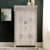 Handmade Keene Country Weathered White Solid Wood 2 Door Hand Carved Almirah Sideboard