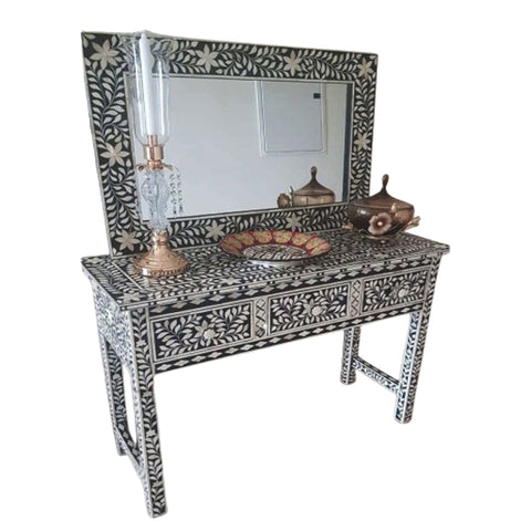 Handmade Bone Inlay Wooden Modern Floral Pattern Console Table Furniture with 2 Drawer