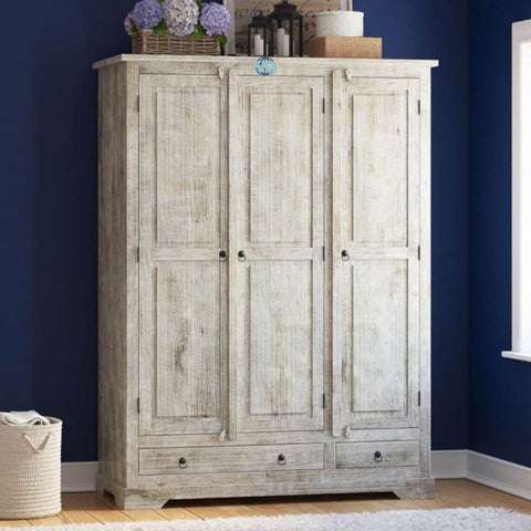 Handmade Ojai Distressed Whitewashed Solid Wood Tall Almirah Wardrobe Furniture