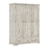 Handmade Ojai Distressed Whitewashed Solid Wood Tall Almirah Wardrobe Furniture