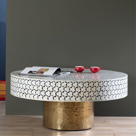 Handmade Bone Inlay Targua Round Coffee Table