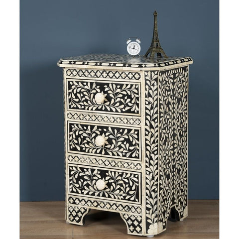 Handmade Bone Inlay Black 3 Drawers Floral Pattern Bedside