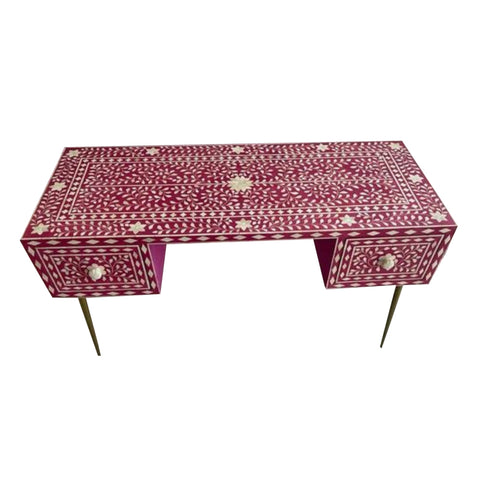 Bone Inlay Floral Design 2 Drawers Desk Dark Fuchsia