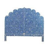 Ornate, blue and white scalloped headboard with intricate floral patterns, suggesting a traditional or vintage design style. This Handmade Bone Inlay Bed & Headboard Furniture by Matrix Global Market features a symmetrical, tiered structure and detailed craftsmanship, offering an elegant focal point for any bedroom.