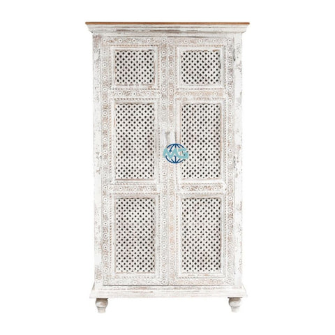 Handmade Shasta Distressed White Solid Wood Hand Carved 2 Door Antique Almirah