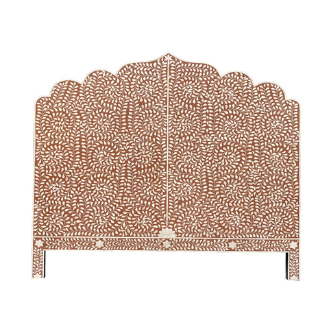 Handmade Bone Inlay Bed & Headboard Furniture by Matrix Global Market featuring an intricate, symmetrical floral pattern. This piece of bed furniture is elaborately designed with white inlay on a wooden surface and has a scalloped, decorative top edge.