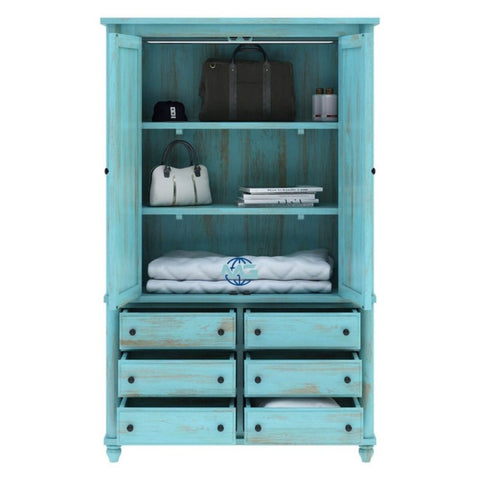 Handmade Victorian Turquoise Mango Wood Clothing Almirah Wardrobe With Drawers Furniture