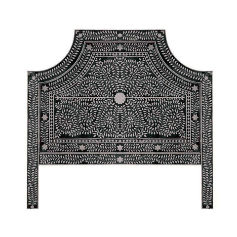 A decorative black Handmade Bone Inlay Bed & Headboard Furniture by Matrix Global Market with an intricate white floral and leaf inlay pattern. The design features symmetrical motifs and detailed craftsmanship, creating an elegant and ornate appearance. This exquisite piece of bed furniture perfectly blends style and sophistication.