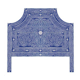 The "Handmade Bone Inlay Bed & Headboard Furniture" by Matrix Global Market is a standout piece of bed furniture, featuring an ornate, symmetrical pattern of white floral and leaf shapes on a blue background. The intricate design includes a central circular motif surrounded by detailed, curving foliage. It has a rectangular shape with rounded corners at the top.