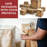 A person wrapping a pallet with plastic film is shown at the bottom of the image. At the top, various wooden crates, including Handmade Bone Inlay Bed & Headboard Furniture from Matrix Global Market, are displayed. The text "Safe Packaging with COVID Protocol" is written in white on a red background on the upper left side.